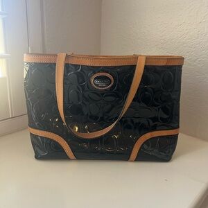 Coach Glossy Black Purse with Tan Trim